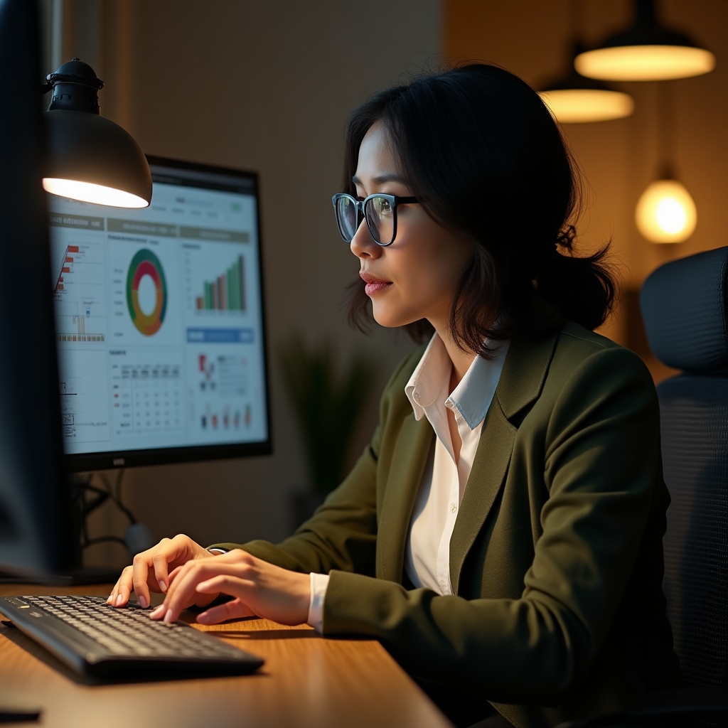 Datenexperte analysiert Geschäftskennzahlen an einem ergonomischen Arbeitsplatz